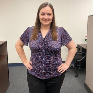 Style & Co Multicolor Paisley Ruched‎ Blouse Tie Front Satin Stretch Size 16W